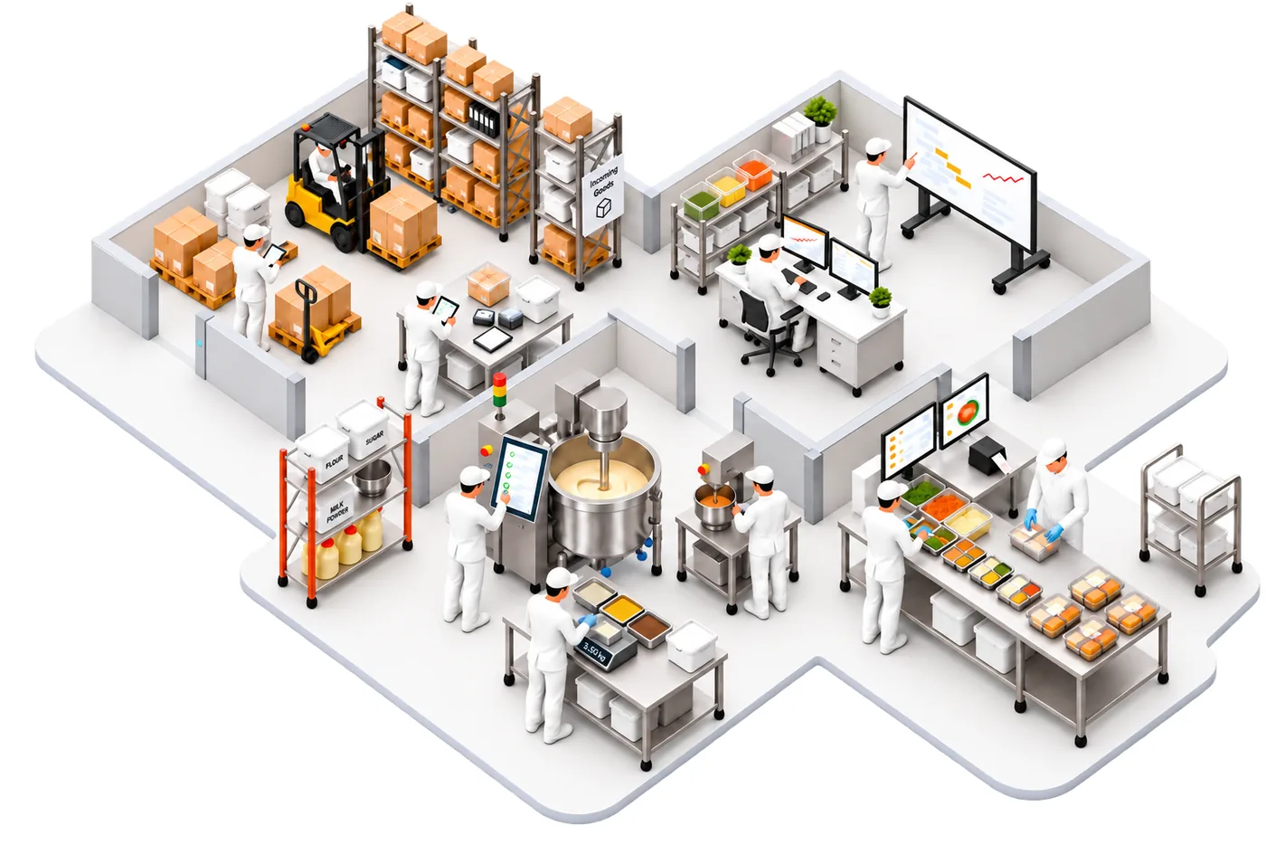 Die vernetzte Produktionshalle von Foodify: von Lager und Küche über die Verpackung bis zur Versandplanung