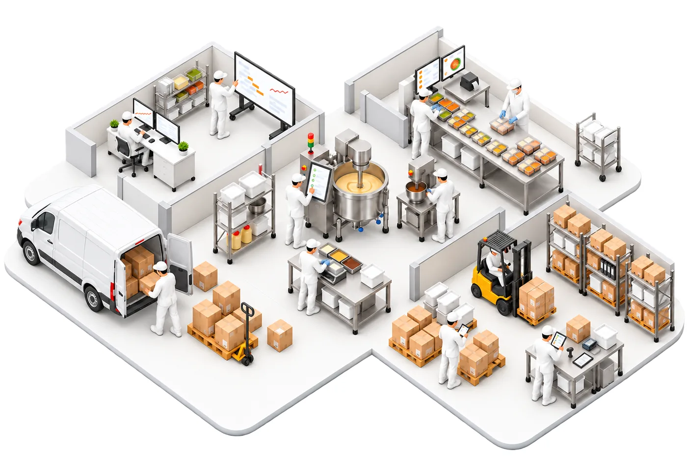 Isometrische Ansicht eines verbundenen Lebensmittelproduktionsbetriebs